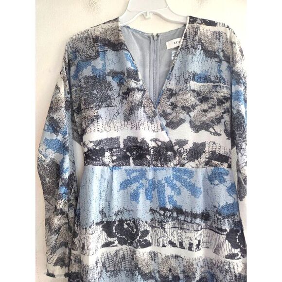 Reiss Women "Valetta" Blue Grey Moonlight Print V-Neck Faux Wrap Dress size 12 - Picture 3 of 9